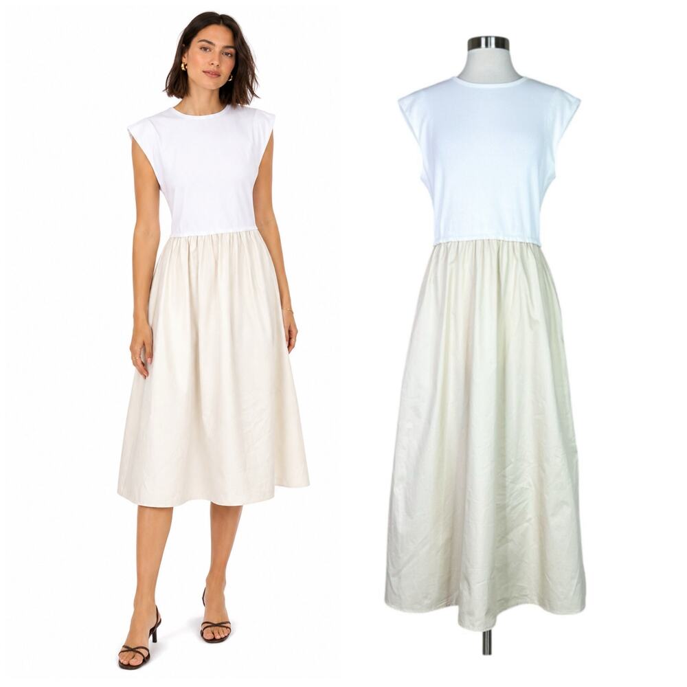 JS71 | White Minimalist T-Shirt Cotton Cream Poplin Skirt Midi Dress Size Small